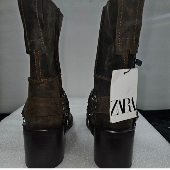 Zara distressed wide heeled leather ankle boots new with tags sz 6.5 brown - Picture 6 of 9